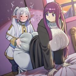 2girls ai_generated ass bed bedroom blush blushing breasts cloud115599 curvaceous curvaceous_female curvaceous_figure curvy curvy_body curvy_female curvy_figure curvy_hips female female_only fern_(sousou_no_frieren) frieren frieren_beyond_journey's_end grabbing_another's_ass hand_on_ass huge_ass huge_breasts indoors looking_at_partner looking_back nervous_smile nervous_sweat nervous_sweating novelai sousou_no_frieren sweat sweatdrop thick thick_ass thick_butt thick_hips thick_thighs voluptuous voluptuous_body voluptuous_female wide_hips wide_thighs