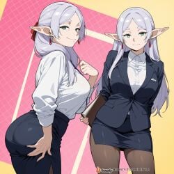 1girls ai_generated breasts elf face female female_only frieren frieren_beyond_journey's_end male mature_female milf office office_clothing office_lady solo_focus sousou_no_frieren sweat uncensored white_hair