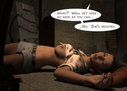 3d 3d_(artwork) age_difference amanda_jones comic comic_page denim_short_shorts denim_shorts drugged_female exposed_breast femsub large_breasts large_tits navel original sedated_female sleeping source_request tagme text thought_bubble torqual3d unconscious unconscious_female