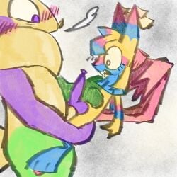 1boy 1boy1girl 1girls ambiguous_species animate_inanimate anthrofied balloon balloon_animal balloon_creature bigger_male blush cock dandy's_world dick digital_media_(artwork) domestic_cat duo eyelashes felid feline female genitals green_leg holding_partner knot larger_male looey_(dandy's_world) male no-human no_human no_humans non-human non-human_only penis plain_background png purple_arm purple_eyes purple_penis roblox roblox_game shocked simple_background size_difference smaller_female standing standing_up straight suprised white_background wide_eyed wispyvixen yatta_(dandy's_world) yellow_body