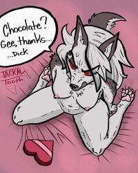 absurd_res angry anthro arm_tuft breasts female hellaverse helluva_boss hi_res high-angle_view holidays jackaltooth kneeling loona_(helluva_boss) nipples nude pawpads profanity shoulder_tuft solo speech_bubble thick_thighs tuft valentine's_day