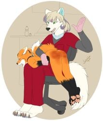 absurd_res anthro arctic_fox ass bodily_fluids butt_slap canid canine chair choker choker_only clothing crying doctor duo fangs female fox fur furniture gloves hand_holding handwear hi_res hospital jewelry larger_female lobadelaluna male mammal necklace necklace_only nude nude_female nude_male nurse nurse_clothing nurse_uniform on_chair on_knee on_lap orange_body orange_fur otk pawpads paws raised_tail reddened_butt restrained sitting sitting_on_chair size_difference slap smaller_male spank_marks spank_marks_on_ass spanked_butt spanking tail tears teeth therapy true_fox uniform white_body white_fur