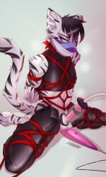 1boy absurd_res anthro bodily_fluids bondage bound breast_milking clothing genitals hi_res hitachi lactating leather leather_clothing male moddish otm_gag penis restraints rope rope_bondage rope_harness sex_toy solo solo_male vacuum_penis vibrator