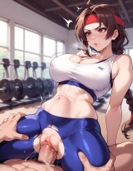1girls ai_generated balecxi braid brown_hair clothed clothed_female cowgirl_position gym hairband hard_cock huge_cock inside king_of_fighters light-skinned_female light_skin long_hair pale-skinned_female pale_skin pov pov_hands public riding riding_cock stomach_bulge yuri_sakazaki