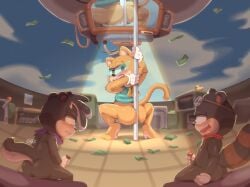 acecraft anthro aroused aroused_by_another aroused_face aroused_male aroused_smile asher_(acecraft) ass blush bottomless bottomless_anthro bottomless_male bubble_butt clothed clothing crouching dancing digital_media_(artwork) domestic_cat ekko_(acecraft) erection exmoz eyewear eyewear_on_head feet felid feline felis fingers foreskin fur genitals gloves goggles goggles_on_head group half-closed_eyes hand_on_penis handwear humanoid_genitalia humanoid_penis joey_(acecraft) kerchief looking_back male male/male mammal masturbation mephitid money money_rain narrowed_eyes neckerchief neckwear open_mouth partially_retracted_foreskin penile penile_masturbation penis pole pole_dancing procyonid raccoon screen skunk smile stripper stripper_pole tail teeth toes topwear trio