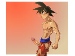 1boy anma big_penis black_hair dragon_ball dragon_ball_z foreskin glans long_penis male male_focus male_only mostly_nude muscular muscular_male penis retracted_foreskin solo solo_focus son_goku straight_hair topless torn_clothes torn_clothing uncensored uncut yaoi