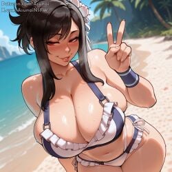 1girl ai_generated asunai bikini black_hair blush breath cleavage female_only final_fantasy final_fantasy_vii huge_breasts lips looking_at_viewer midriff navel red_eyes solo stable_diffusion steaming_body sweat swimsuit tifa_lockhart tifa_lockhart_(shining_spirit) curvy mature_female plump thick_thighs v_sign peace_sign seductive_smile