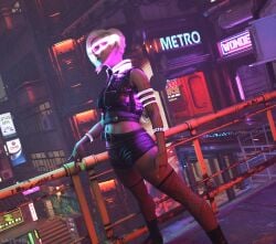 3d 3d_(artwork) beautiful_woman cyberpunk_(series) cyberpunk_2077 disinterested emotionless emotionless_female expressionless fishnet_legwear fishnet_stockings goggles indifferent leather_jacket leather_shirt leather_shorts lilithielgames low_res lowres mature_woman nameless_character navel parody posting shorts source_request standing text tomboy unbothered uncaring uncaring_female unnamed_character visor visor_(eyewear) watermark wide_hips