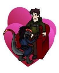 absurd_res allosauroid anthro anthrosaur arroused balls black_clothing black_footwear black_shirt black_shoes black_tank_top black_topwear blue_bottomwear blue_clothing blue_eyes blue_jacket blue_skirt blue_topwear blush bone_frill bottomwear brown_body brown_bottomwear brown_clothing brown_feathers brown_hair brown_pants chair claire_(janek5) claws clothing countershade_face countershade_feet countershade_hands countershade_legs countershade_neck countershade_tail countershading dark_body dark_scales denim denim_bottomwear denim_clothing denim_jacket denim_skirt denim_topwear digitigrade dinosaur duo facial_markings feather_hair feathers feet fellatio female footwear frill_(anatomy) furniture genitals glistening glistening_eyes green_clothing green_hoodie green_topwear grey_body hair hands_on_legs hands_on_thighs head_markings heart_background heart_symbol hi_res hoodie human humanoid_genitalia humanoid_penis jacket janek5 janek_(janek5) knee_markings kneeling legwear light_body light_skin lipstick long_feathers long_tail looking_at_another looking_at_partner looking_pleasured makeup male male/female mammal markings miniskirt monolophosaurus multicolored_body nylon nylon_clothing nylon_stockings nylons on_chair open_mouth oral pants paws penile penis prehistoric_species pseudo_hair raised_tail red_chair red_markings reptile saurischian scales scalie sex shirt shoes simple_background sitting sitting_on_chair skirt smile smiling_at_another smiling_at_partner snout tail tail_markings tank_top tapering_tail teeth text text_on_clothing theropod tongue tongue_out topwear translucent translucent_clothing translucent_legwear yellow_eyes yellow_markings