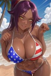 1female 1girls ai_generated american_flag_bikini bikini bleach female fit fit_female looking_at_viewer pony_tail purple_hair shihouin_yoruichi solo tagme yellow_eyes