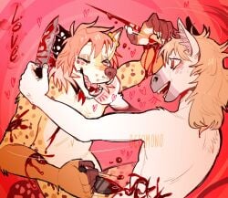 0ct0m0n0 anthro blood bodily_fluids brown_nose canid canine closed_eyes duo equid equine fangs fur gloves_(marking) gore hair happy hi_res holding_knife holding_object horn knife male male_anthro mammal markings motion_lines mythological_creature mythological_equine mythology nude open_mouth open_smile orange_body orange_fur pink_hair pink_tongue red_eyes smile spots spotted_arms spotted_markings spotted_tail tail tail_markings tan_hair teeth tongue unicorn white_body white_fur wounded yellow_body yellow_fur