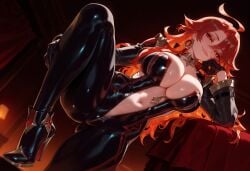 1girls ahoge ai_generated ass_visible_through_thighs balecxi bangs biker_clothes bikesuit black_bodysuit black_footwear black_gloves bodysuit boots breasts center_opening choker cleavage clothing curvaceous curvaceous_female curvaceous_figure curvy curvy_figure earrings female female_focus footwear from_below genshin_impact gloves grin hair_between_eyes high_heel_boots high_heels hoop_earrings indoors inviting inviting_to_sex jewelry large_breasts latex long_hair long_sleeves looking_at_viewer mavuika_(genshin_impact) navel neck_ring open_bodysuit parted_lips partially_unzipped plunging_neckline presenting presenting_ass presenting_breasts presenting_hindquarters presenting_pussy presenting_self red_eyes red_hair seductive seductive_look seductive_smile shoes smile solo standing standing_on_one_leg stomach thighs unzipped voluptuous voluptuous_female zipper