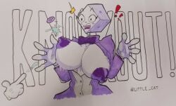 1boy 1girls big_breasts bowtie breasts button_down_shirt button_pop collared_shirt cuphead cuphead_(game) enormous_breasts female female_focus gameplay_mechanics giant_breasts gigantic_breasts huge_breasts king_dice large_breasts little_cat massive_breasts rule_63 shocked shocked_expression