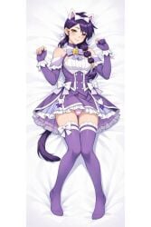 bed_sheet blush bows breasts cat_ears cat_girl dakimakura erisa_(fortnite) female long_hair maid maid_gloves on_bed panties purple_dress purple_hair purple_thighhighs solo_female straight_hair tail upskirt yellow_eyes