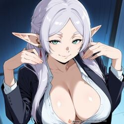 1girls ai_generated breasts elf face female female_only frieren frieren_beyond_journey's_end male mature_female milf office office_clothing office_lady solo_focus sousou_no_frieren sweat uncensored white_hair