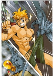 2boys abs assisted_exposure blonde_hair clothing fighting gamusyara male male_only male_with_male maledom malesub monster monster_on_male muscle muscles muscular_male penis ripped shunpei_nakata syuunpei_nakata thief torn_clothes undressing