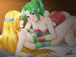 2girls bed blonde_hair blue_eyes blush breast_grab breasts celes_chere cleavage deep_skin erect_nipples female female_only final_fantasy final_fantasy_vi green_hair headband human long_hair lying multiple_females multiple_girls open_mouth signature smile terra_branford yukihiro yuri