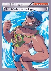 1boy archie_(pokemon) bandana biceps big_chest bulge edit edited_art edited_official_artwork gold_chain gold_jewelry jewelry muscles pokemon pokemon_card pokemon_oras pokemon_tcg solo_male speedo spicyramen swimwear tan_body