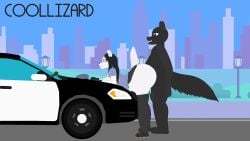 anthro ass balls big_balls big_breasts big_butt big_penis black_body black_fur blue_eyes breasts canid canine canis city city_background clothing coollizard domestic_dog duo female fur genitals hi_res huge_balls huge_breasts huge_butt huge_cock huge_thighs male male/female mammal officer_pai_(miso_souperstar) orange_eyes penis police police_officer police_uniform police_vehicle public public_nudity public_sex sex thick_thighs uniform vehicle white_body white_fur