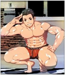 1boy abs beefy biceps big_areola boxers_(clothing) breasts brown_eyes brown_hair collarbone crouching feet fingernails flaccid full_body gay genital_outline glans grin haikyuu!! hi_res looking_at_viewer male male_only mature_male muscles muscular muscular_arms muscular_legs muscular_male muscular_neck muscular_thighs no_body_hair pecs penis pix_masakok quadriceps realistic_background salute sawamura_daichi short_hair six_pack solo text thick_legs thick_thighs toes topless yaoi