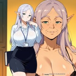 1girls ai_generated breasts elf face female female_only frieren frieren_beyond_journey's_end male mature_female milf office office_clothing office_lady solo_focus sousou_no_frieren sweat uncensored white_hair