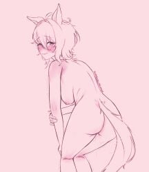 agnes_tachyon_(umamusume) animal_ears ass blush breasts closed_mouth completely_nude female from_behind hair_between_eyes highres horse_ears horse_girl horse_tail medium_breasts nipples nude pussy_juice short_hair slimegirltachyon smile tail umamusume wolf_cut