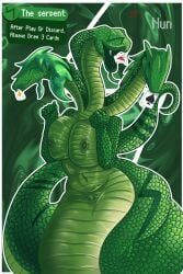 balatro fangs green_body green_hair huge_breasts naga poker_cards serpent short_hair simple_background snake_girl snake_tail squished_breasts