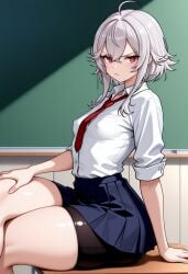 ahoge ai_generated bangs bike_shorts blush breasts chalkboard classroom closed_mouth collared_shirt crossed_legs desk eyebrows_visible_through_hair female hair_between_eyes indoors long_hair looking_at_viewer natasha_(baselard35) necktie on_desk original pleated_skirt red_eyes red_neckwear school_desk school_uniform self_upload shirt short_sleeves shorts shorts_under_skirt sitting sitting_on_desk skirt solo thighs white_hair white_shirt