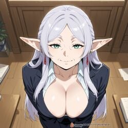 1girls ai_generated breasts elf face female female_only frieren frieren_beyond_journey's_end male mature_female milf office office_clothing office_lady solo_focus sousou_no_frieren sweat uncensored white_hair