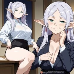 1girls ai_generated breasts elf face female female_only frieren frieren_beyond_journey's_end male mature_female milf office office_clothing office_lady solo_focus sousou_no_frieren sweat uncensored white_hair