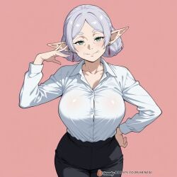 1girls ai_generated breasts elf face female female_only frieren frieren_beyond_journey's_end male mature_female milf office office_clothing office_lady solo_focus sousou_no_frieren sweat uncensored white_hair