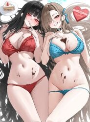 2girls absurdres alternate_costume aqua_eyes aqua_halo asuna_(blue_archive) bikini black_choker black_hair blue_archive blue_bikini blush box breasts brown_hair cake cake_slice chocolate chocolate_on_body chocolate_on_breasts choker commentary english_commentary eyes_visible_through_hair food food_on_body hair_ornament hair_over_one_eye hair_ribbon halo heart-shaped_box highres kono_(xerondan321) large_breasts long_hair lying multiple_girls navel on_back red_bikini red_choker red_eyes ribbon rio_(blue_archive) smile stomach swimsuit thighs valentine very_long_hair