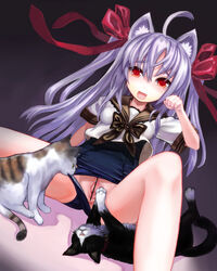 ahoge animal_ears blush bow cat_ears cat_pose censored cute_fang feline hairbow long_hair no_pants one-piece_swimsuit original paw_pose purple_hair pussy red_eyes school_swimsuit school_uniform solo spread_legs spread_pussy swimsuit swimsuit_aside swimsuit_under_clothes teamwork tied_hair twintails