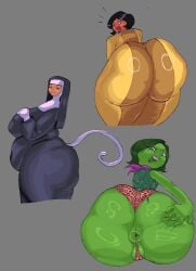 3girls alex_(totally_spies) anus ass ass_focus bodysuit bubble_butt capcom cat_tail darkstalkers disgust_(inside_out) dudeman80085 fat_ass felicia_(darkstalkers) female female_only grabbing_own_ass green_body green_eyes green_hair green_skin huge_ass inside_out nun nun_outfit panties pixar plump plump_labia pussy skin_tight tail thong_over_anus tight_clothing totally_spies