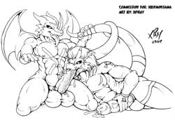 2007 balls big_balls big_penis claws cum cum_inside digimon dragon erection exveemon face_markings fangs fellatio gay grin growlmon horns kneeling male male_only markings masturbation messy multiple_boys muscles nude oral oral_sex penetration penis raised_tail reptile scalie sex sketch tail tongue wings xbuimonsama xpray yaoi