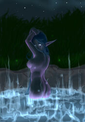 1girls bathing black_hair blue_eyes blue_sclera elf female female_only glowing_eyes long_hair magic moon_well night_elf nude petite pointy_ears purple_eyes purple_lipstick solo warcraft world_of_warcraft