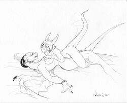 dragon female horns necrodrone necrodrone_(character) nude pointy_ears scalie sex size_difference wings yuri