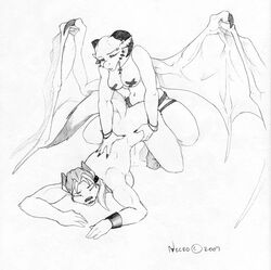 anthro breasts canine dildo female fur furry horns monochrome necrodrone necrodrone_(character) nipple_tape nude piercing scalie sex sex_toy strap-on wings wolf yuri