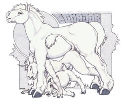 2007 anthro bestiality cascade ecmajor equine female feral fur furry furry_only goat greyscale hooves horse horsecock male monochrome penetration penis sandwiched sex threesome unicorn