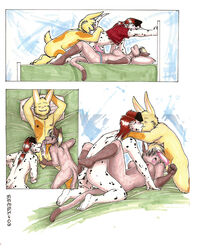 2006 anal anal_sex ball_fondling balls bed bisexual breasts canine closed_eyes comic dalmatian feline fellatio female furry gay inconsistent kissing lagomorph licking male meesh no_humans nude open_mouth oral oral_sex penetration piercing precum rabbit rimming sex threesome tongue traditional_media_(artwork)