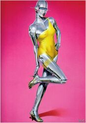 bikini female hajime_sorayama pinup robot sexy_robot_(hajime_sorayama) shiny skimpy solo technofilia