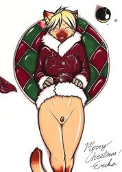 blush bottomless christmas drunk erika_(meesh) feline female flashing furry holidays meesh overhead piercing pubic_hair pubic_tuft pussy siamese skirt_lift solo traditional_media_(artwork)