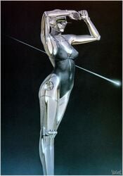 bikini female hajime_sorayama pinup robot sexy_robot_(hajime_sorayama) shiny skimpy solo technofilia