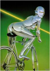 aerosmith ass bicycle female hajime_sorayama nude pinup robot sexy_robot_(hajime_sorayama) shiny solo technofilia