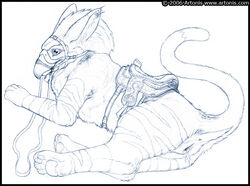 2006 anus artonis avian beak bridle cum feline female feral gryphon harness messy mount on_side pussy raised_tail rezzit saddle sketch solo tail wingless