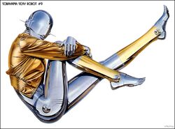 bottomless female hajime_sorayama pinup robot sexy_robot_(hajime_sorayama) shiny solo technofilia