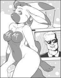 1boy anthro breasts by-nc-sa cbee condom creative_commons cum cum_on_breasts eyelashes fur furry futanari glans glasses human intersex lagomorph looking_at_viewer male max_headroom monochrome navel nude nude_female penis rabbit solo tail text wide_hips