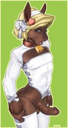 1boy anthro bell boots bottomless collar corset cowbell crossdressing equine horse male male_only no_underwear onta skimpy solo thigh_high_boots