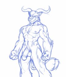 1boy balls bovine bull chest_tuft dalus goatee horns male male_only muscles nipples nude penis piercing solo