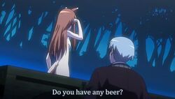 1boy 1girls animal_ears animal_humanoid animal_tail ass brown_hair english_subtitles english_text female holo kraft_lawrence long_hair male night nude screencap screenshot shiny_hair silver_hair spice_and_wolf subtitled wide_hips wolf_humanoid wolfgirl